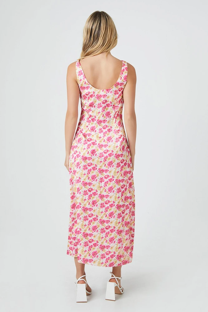 Satin Floral Print V-Neck Midi Dress