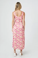 Satin Floral Print V-Neck Midi Dress