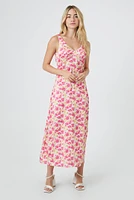 Satin Floral Print V-Neck Midi Dress