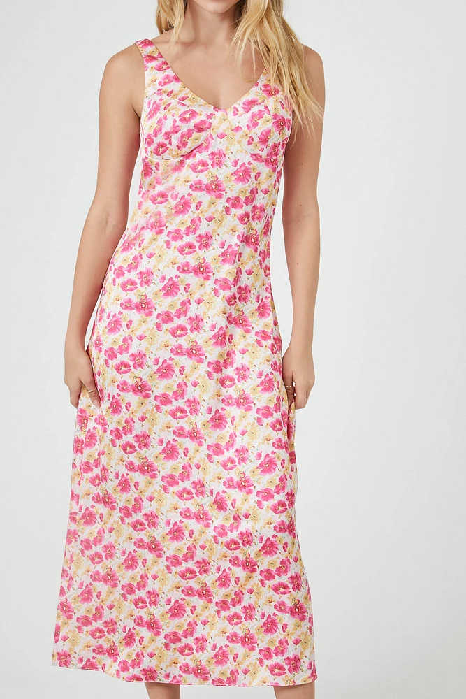 Satin Floral Print V-Neck Midi Dress