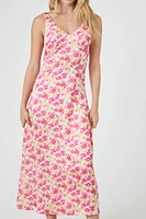 Satin Floral Print V-Neck Midi Dress