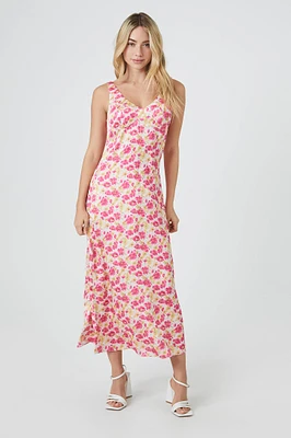 Satin Floral Print V-Neck Midi Dress