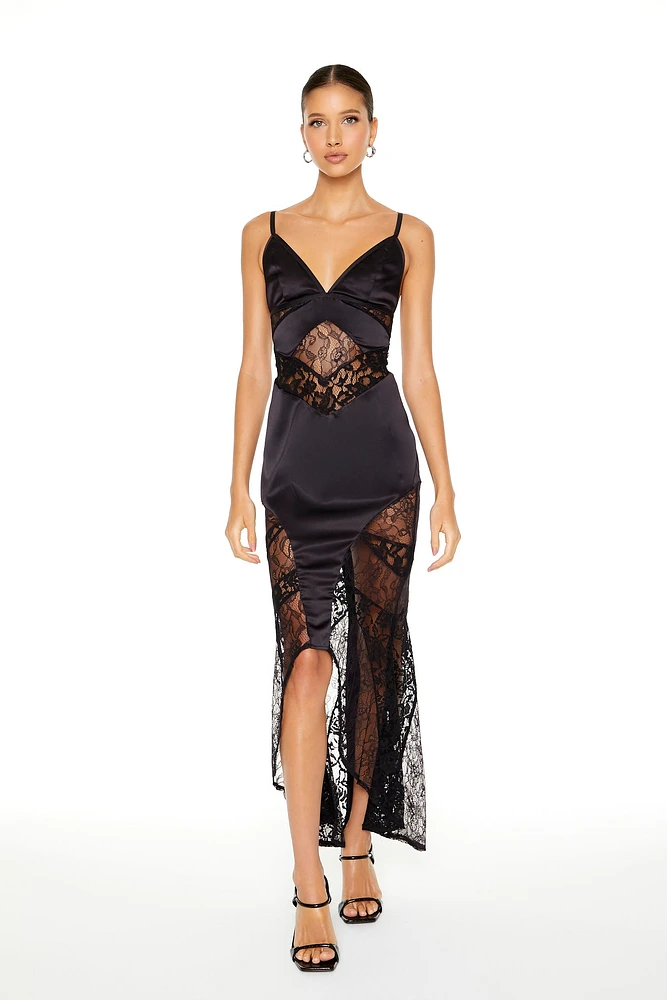 Satin and Lace High Low Maxi Dress