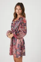 Ornate Floral Print Long Sleeve Mini Dress