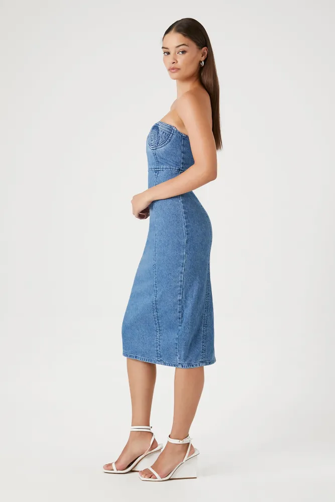 Strapless Denim Midi Dress