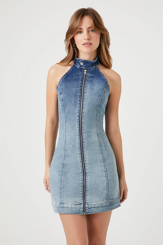 Gradient Wash Denim Zip-Up Mock Neck Mini Dress