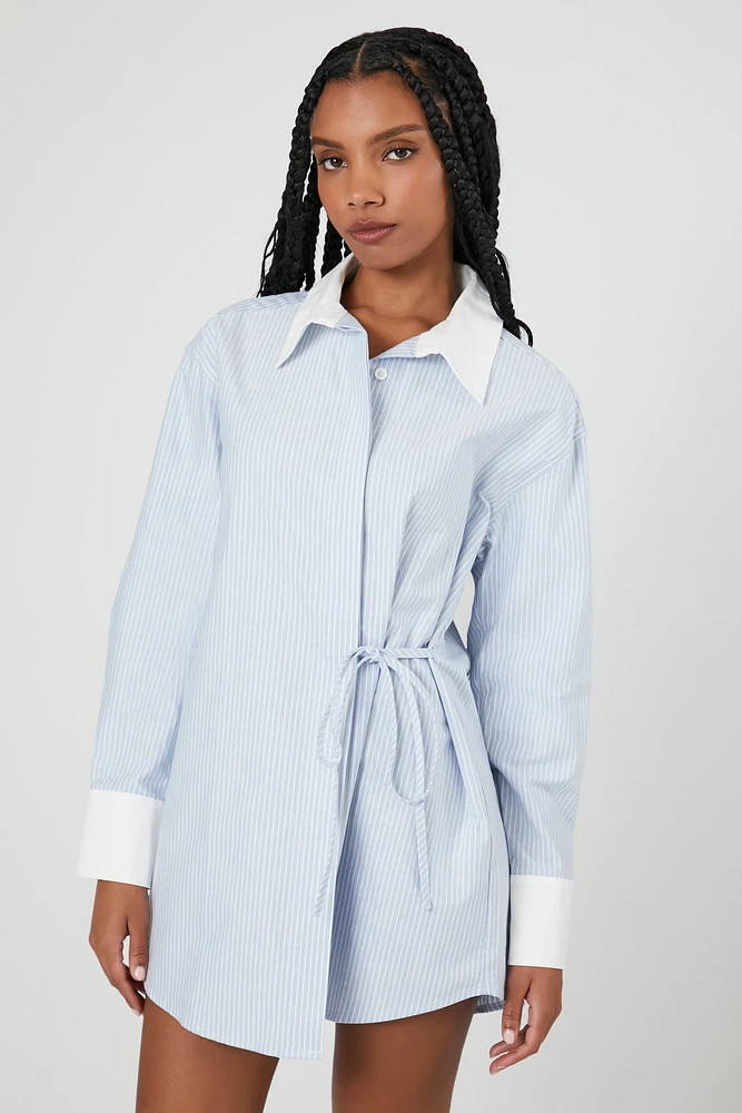 Pinstriped Self Tie Long Sleeve Shirt Dress