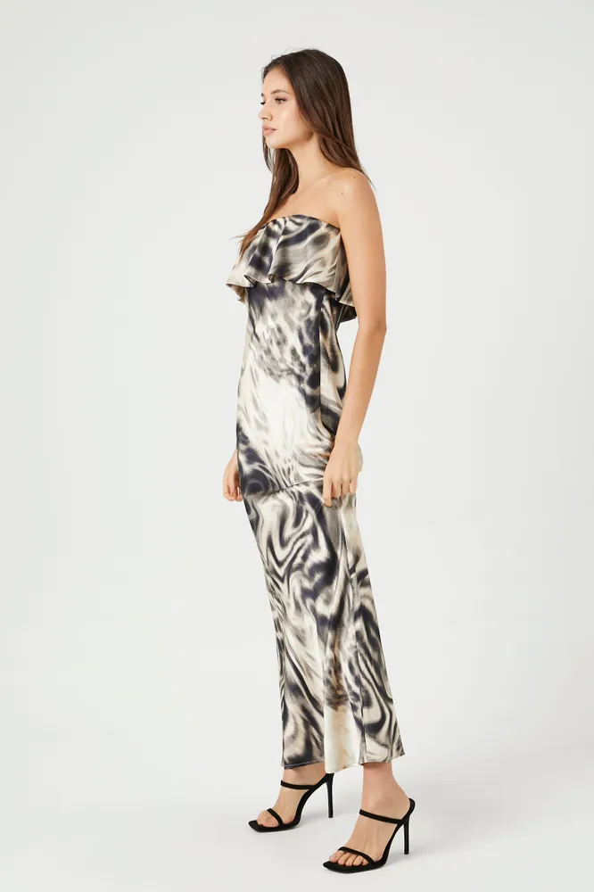 Satin Abstract Strapless Maxi Dress