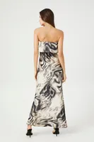 Satin Abstract Strapless Maxi Dress