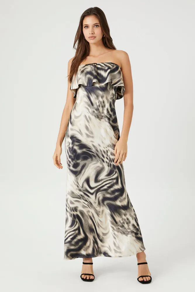 Satin Abstract Strapless Maxi Dress