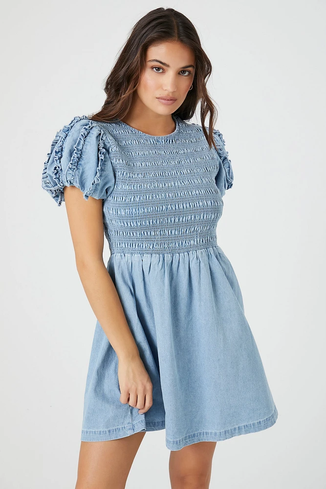 Denim Smocked Puff Sleeve Mini Dress