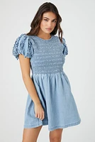 Denim Smocked Puff Sleeve Mini Dress