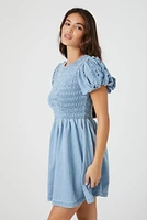 Denim Smocked Puff Sleeve Mini Dress