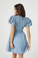 Denim Smocked Puff Sleeve Mini Dress