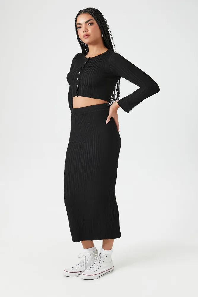 Ribbed Knit Long Sleeve Top and Skirt Set