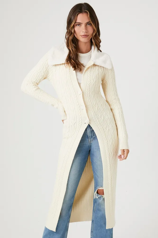 Faux Fur-Trim Cardigan Sweater