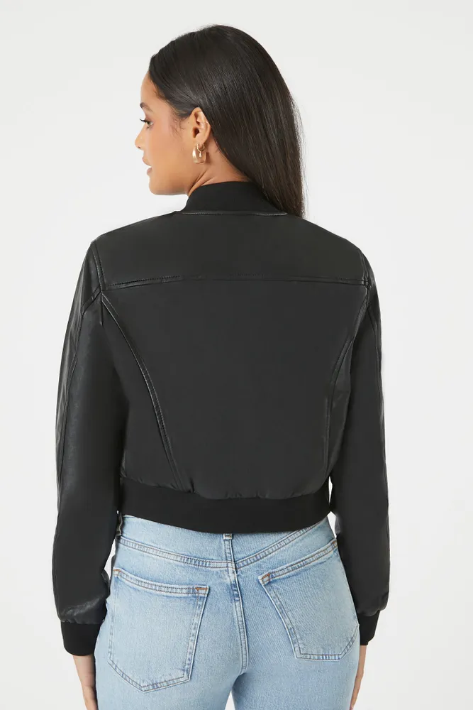 Faux Leather Cropped Bomber Jacket