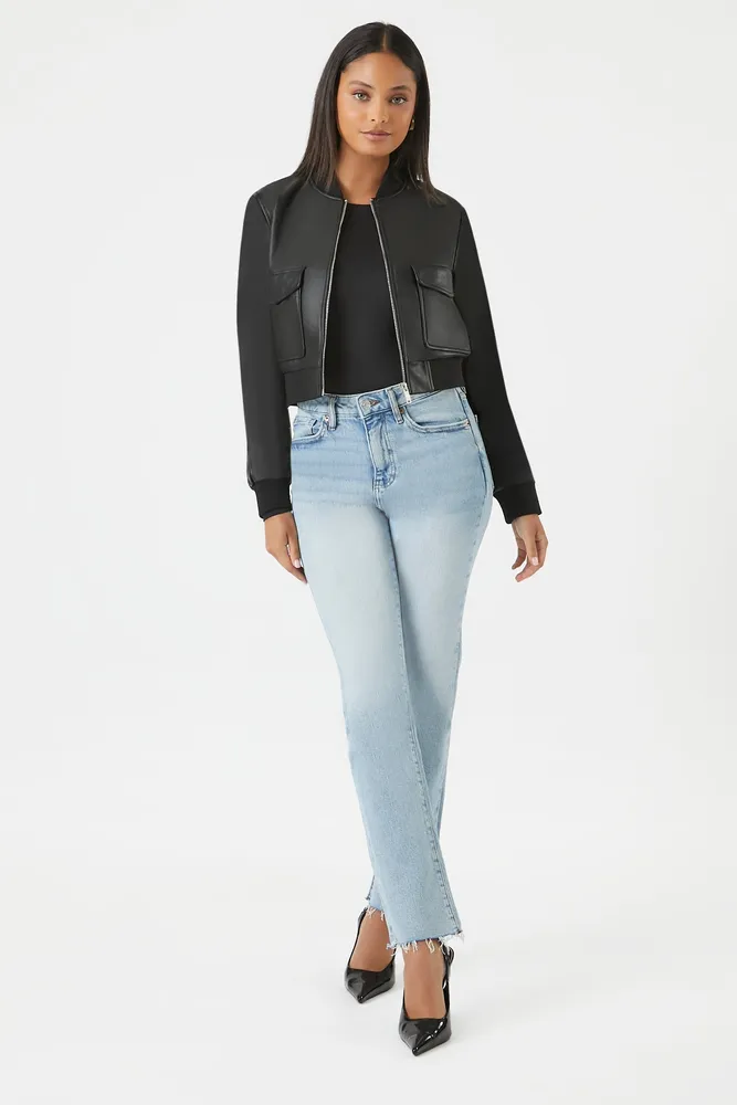 Faux Leather Cropped Bomber Jacket