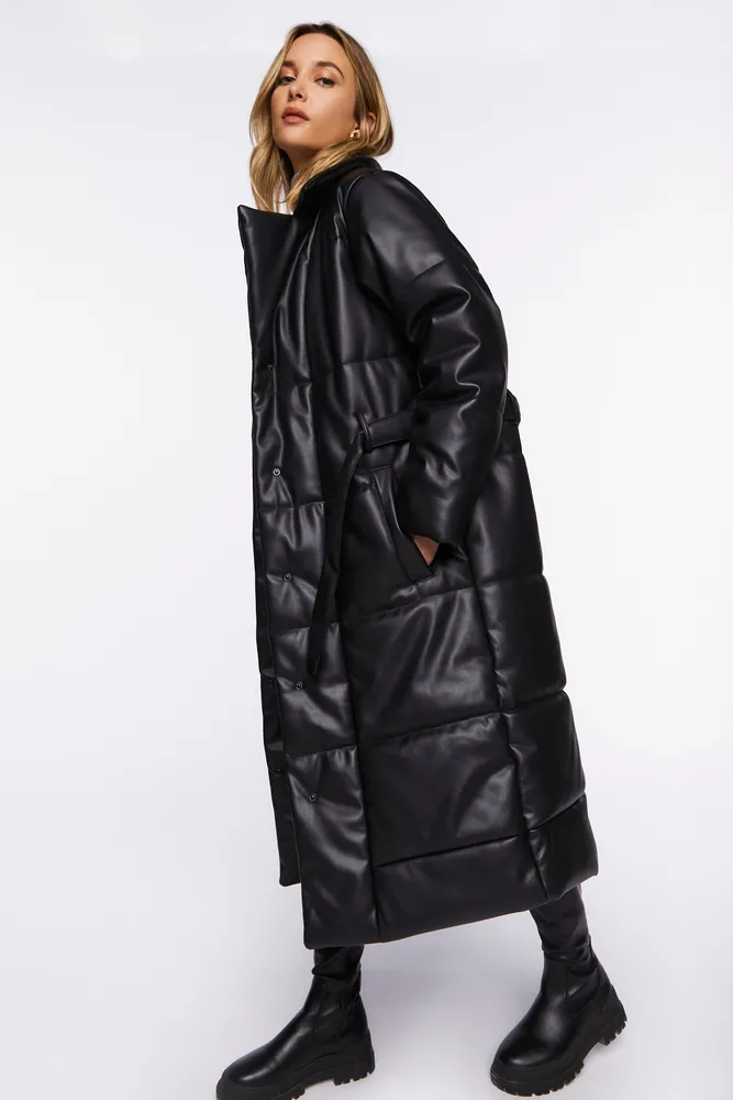 Faux Leather Longline Puffer Coat