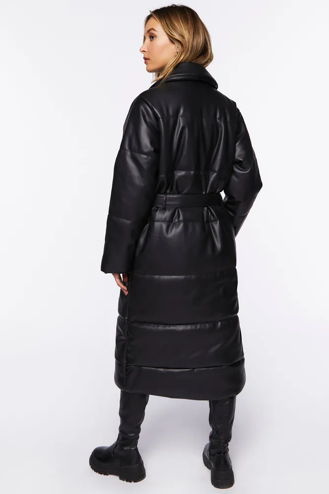 Faux Leather Longline Puffer Coat