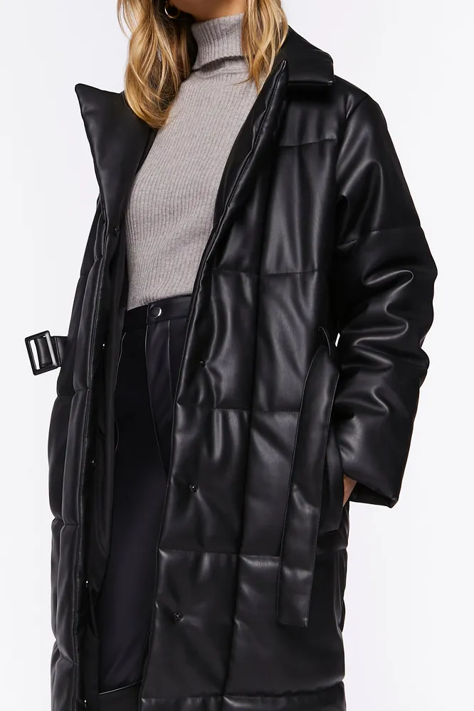 Faux Leather Longline Puffer Coat