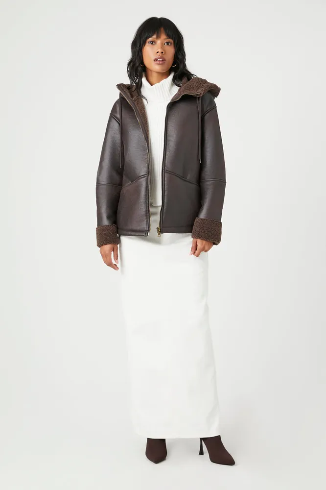 Faux Leather Sherpa Trim Zip-Up Jacket