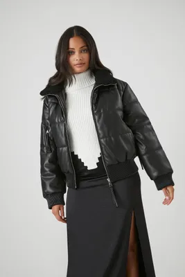 Faux Leather Zip-Up Puffer Jacket