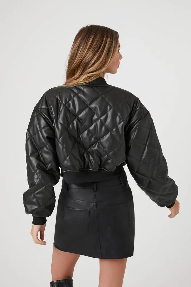 Faux Leather Cropped Bomber Jacket