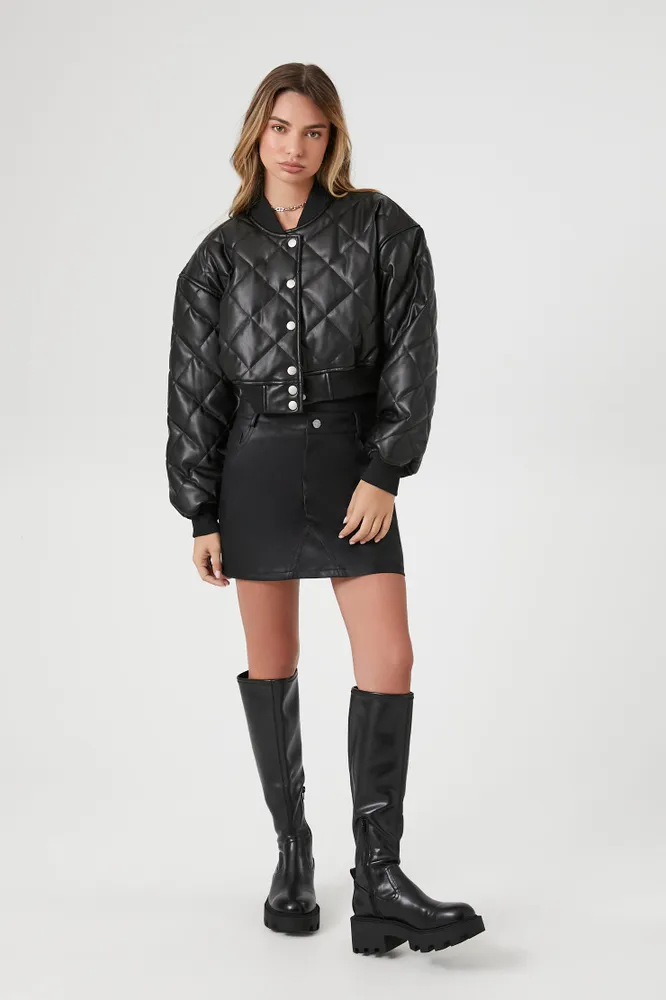 Faux Leather Cropped Bomber Jacket