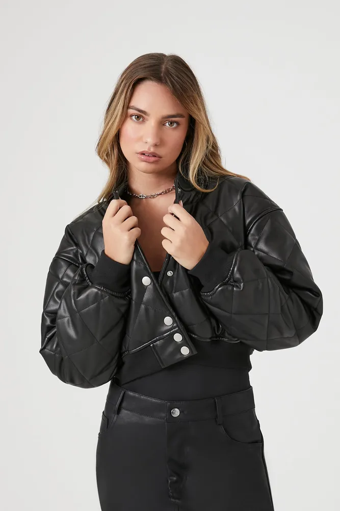 Faux Leather Cropped Bomber Jacket