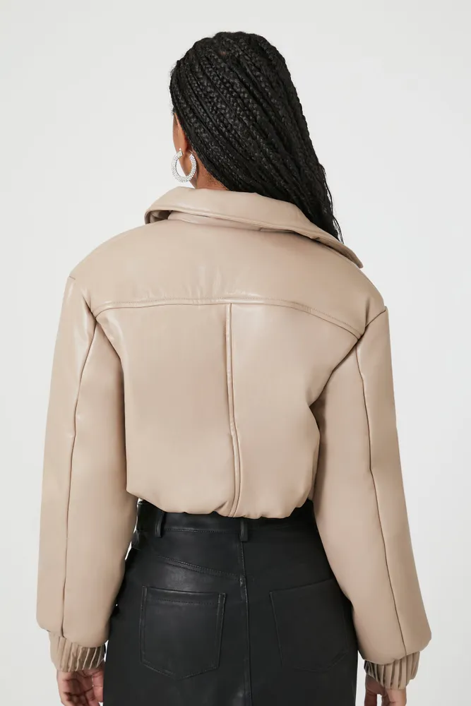 Cropped Faux Leather Bomber Jacket
