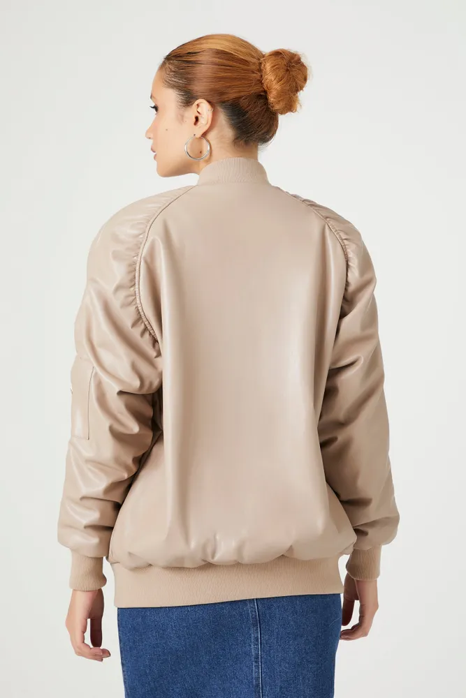 Faux Leather Ruched Bomber Jacket