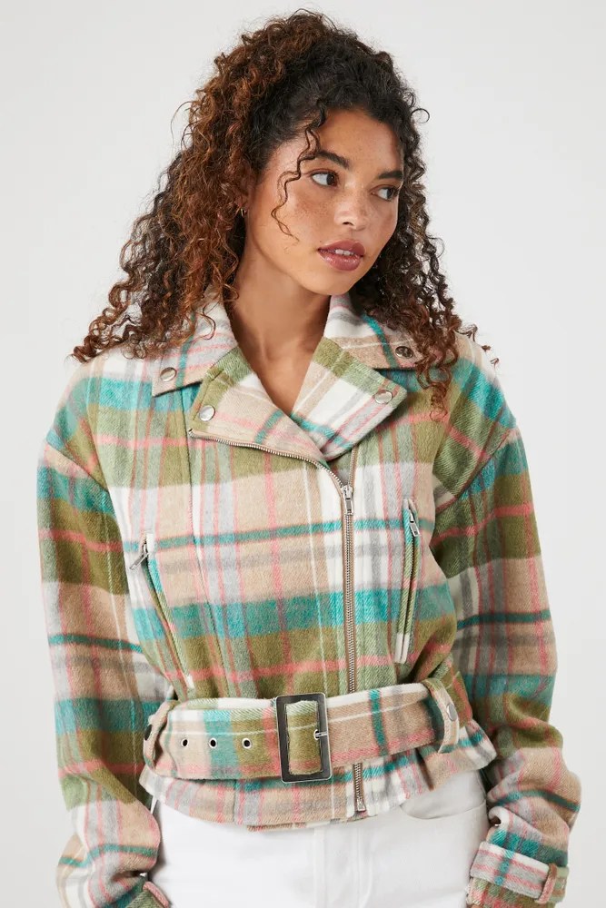 Plaid Belted Moto Jacket