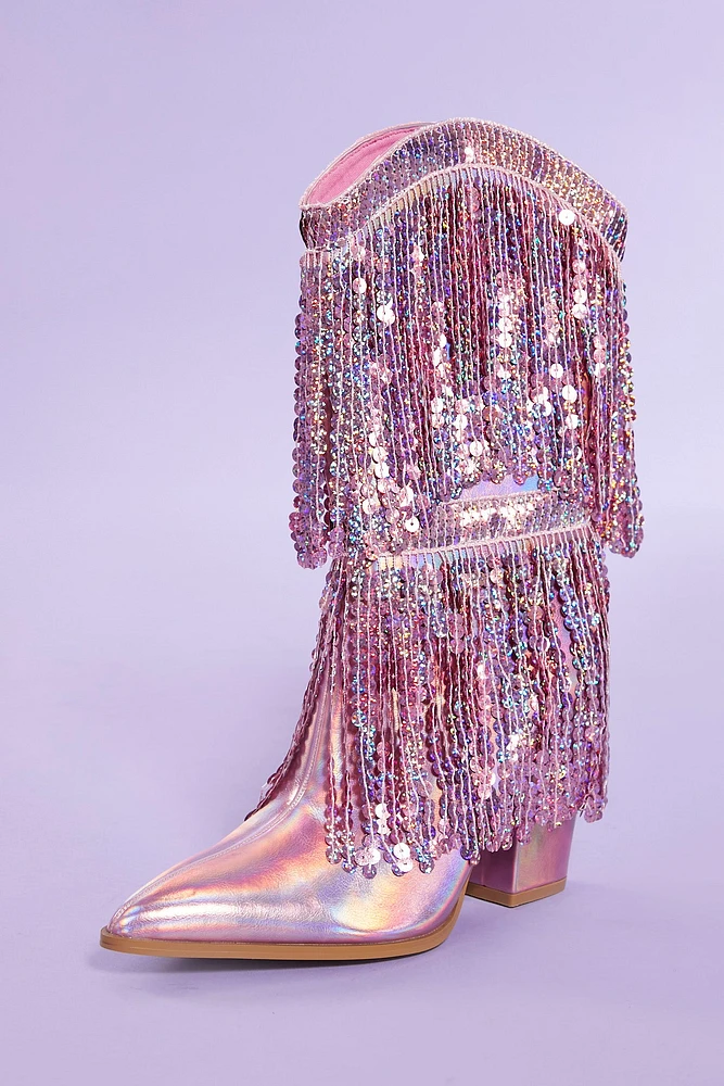 Iridescent Sequin Fringe Cowboy Boot