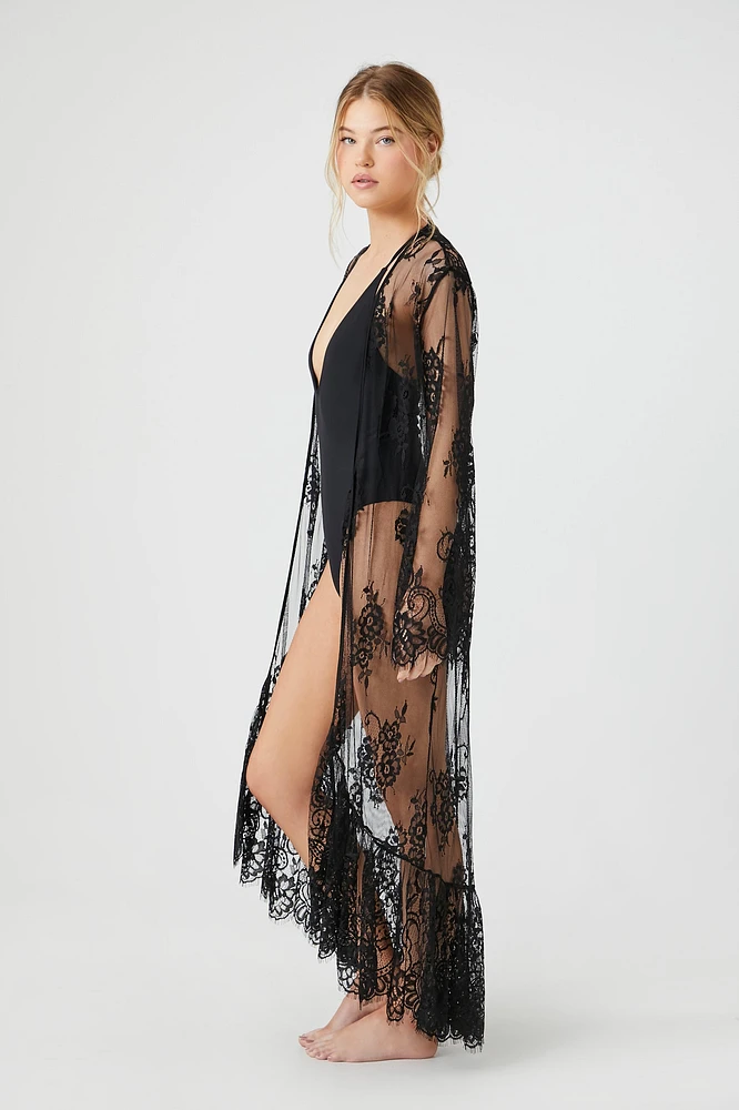 Sheer Floral Lace Kimono Cover Up