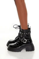 Bottes de combat en similicuir vernis avec boucles