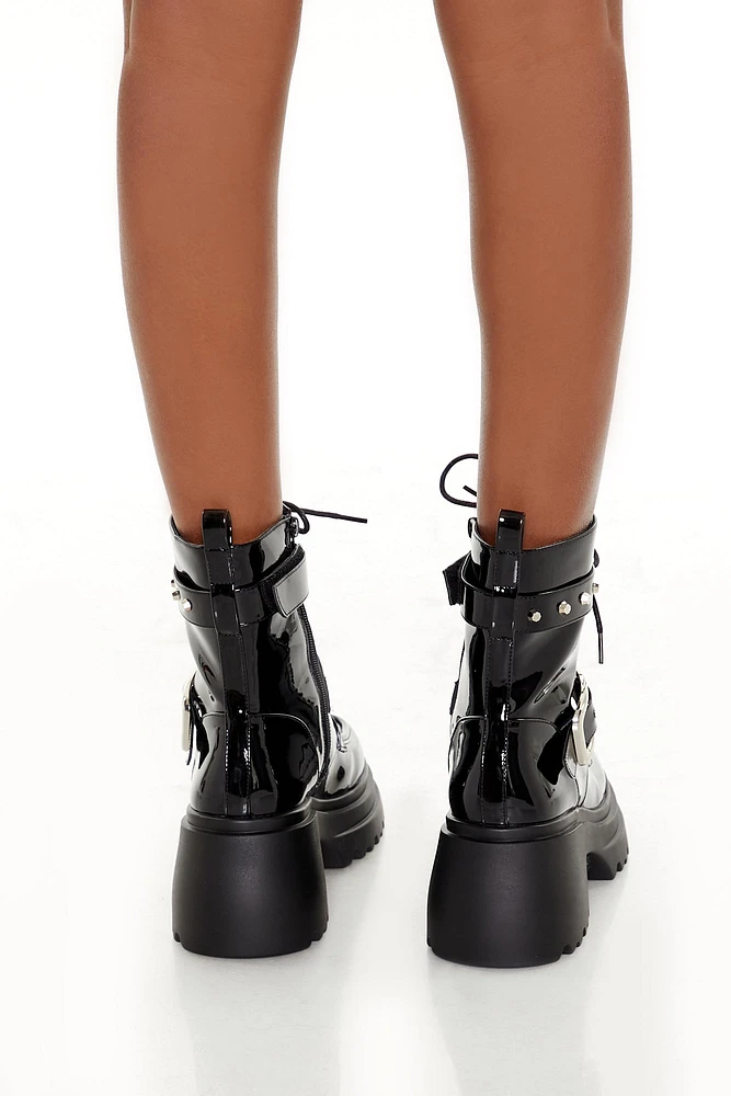 Faux Patent Leather Buckled Combat Boots