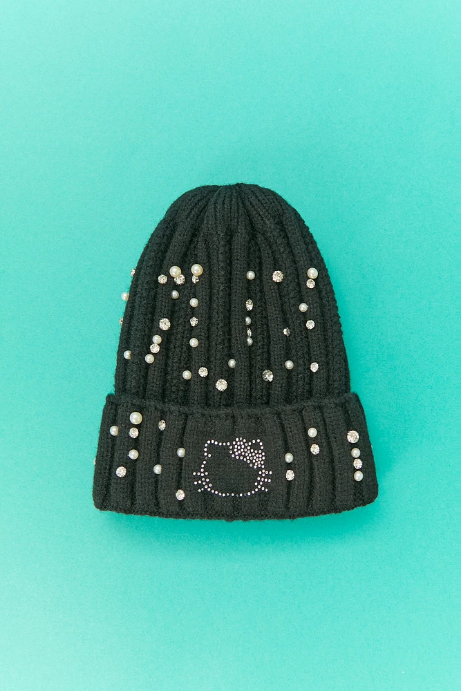 Tuque Ã  imprimÃ© Hello Kitty avec similiperles et pierres du Rhin