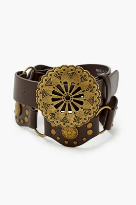 Etched Buckle Faux Leather Belt