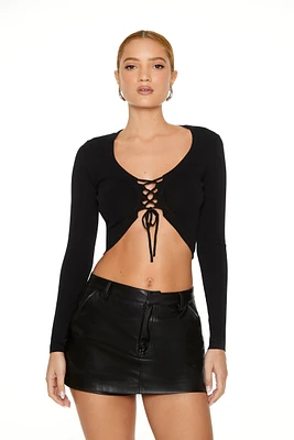 Knit Lace Up Long Sleeve Crop Top