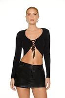 Knit Lace Up Long Sleeve Crop Top