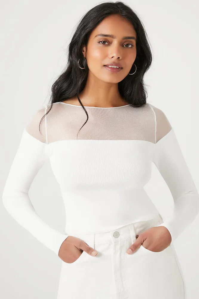 Mesh Neckline Long Sleeve Top