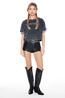 Cowgirl Graphic Washed Fringe Sleeve T-Shirt