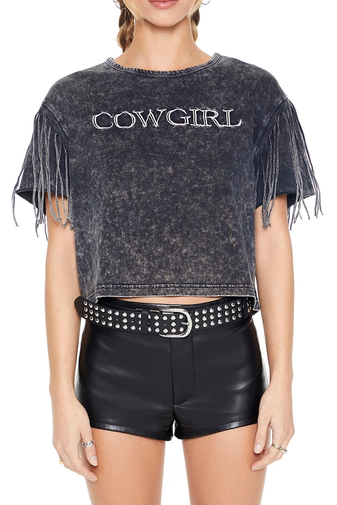 Cowgirl Graphic Washed Fringe Sleeve T-Shirt