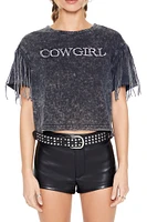 Cowgirl Graphic Washed Fringe Sleeve T-Shirt