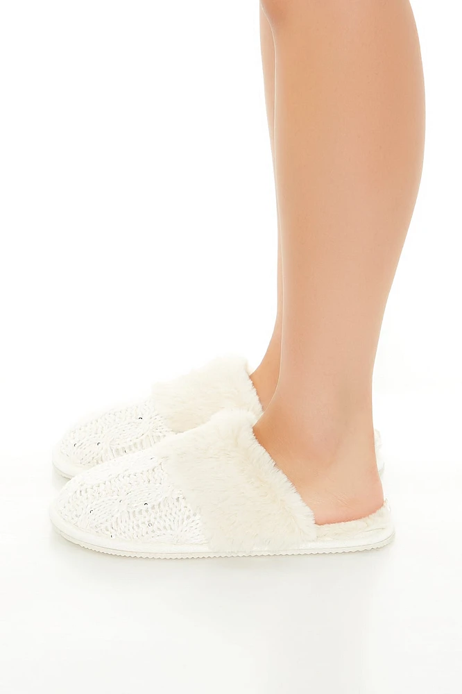 Faux Fur Trim Cable Knit Slippers