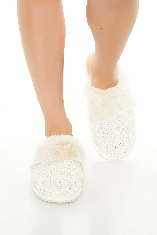 Faux Fur Trim Cable Knit Slippers