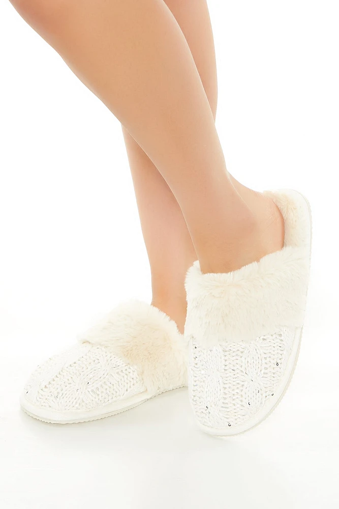 Faux Fur Trim Cable Knit Slippers