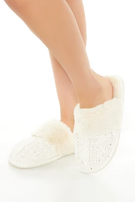 Faux Fur Trim Cable Knit Slippers