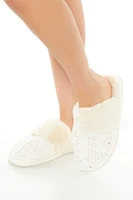 Faux Fur Trim Cable Knit Slippers